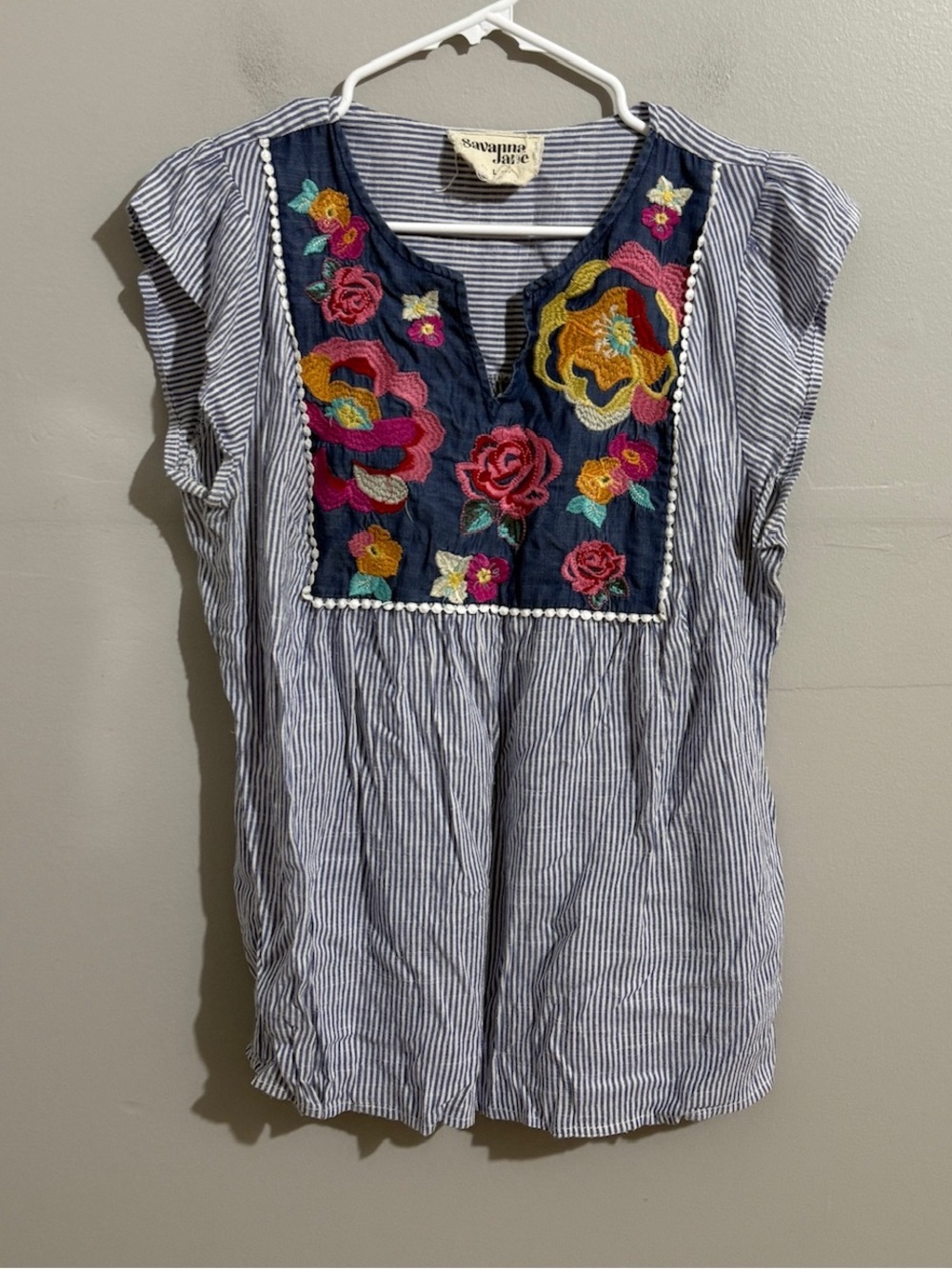 Savanna Jane Womens L Embroidered Floral Striped Blouse Boho Peasant Top Blue